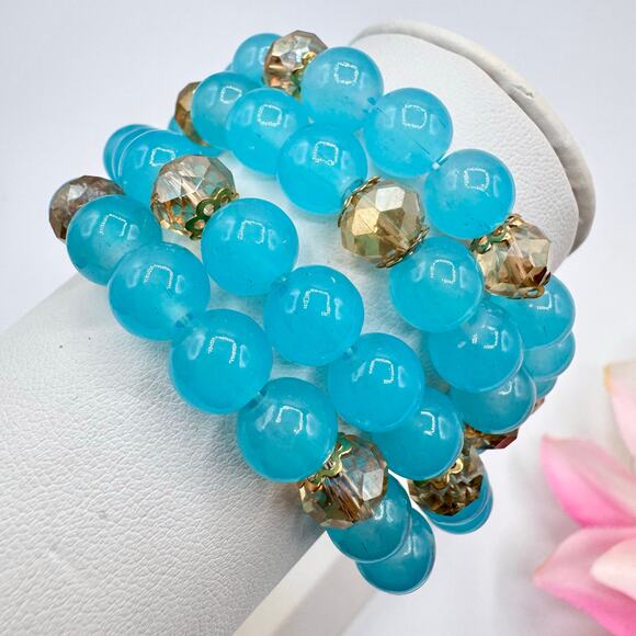 Blue Glass Bead Stretch Bracelet Stack Of 4 Champagne Crystals One Size Fits All - Picture 2 of 6
